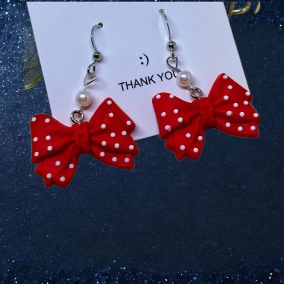 Disney Jewelry - Disney Minnie Mouse Red White Polka Dot Bow Dangle Earrings Faux Pear